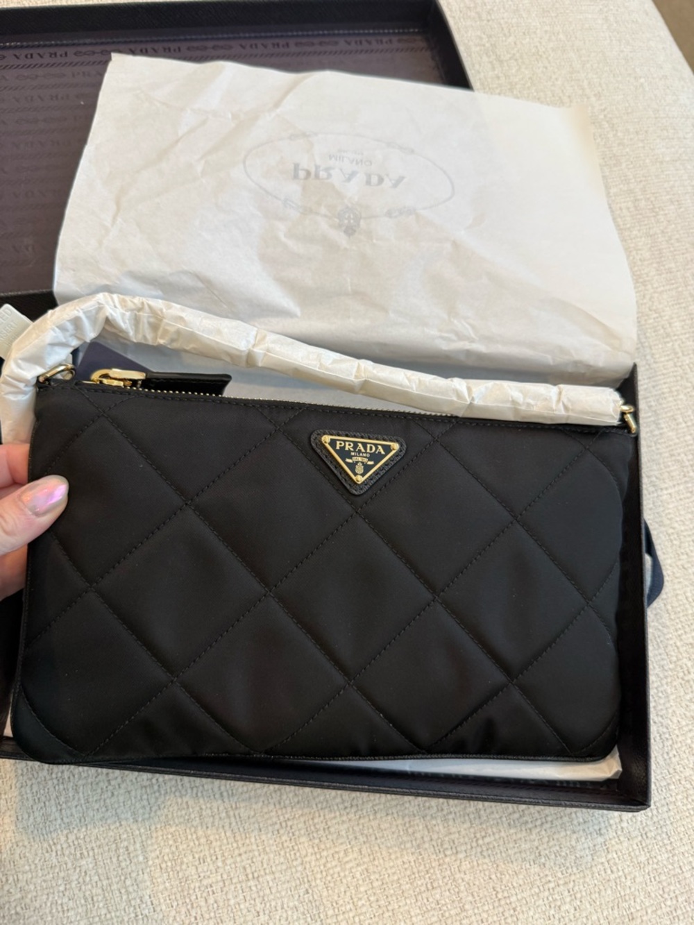 Prada Black Quilted Re-Nylon Clutch with Gold Chain - Picture 4 of 10